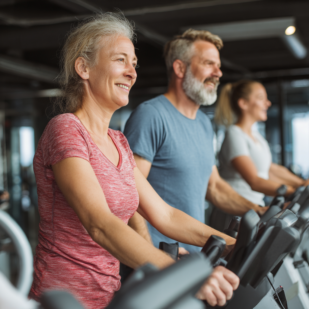 Active middle-aged adults engaging in fitness activities