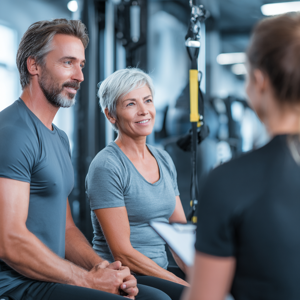 Professional fitness trainers working with adult clients